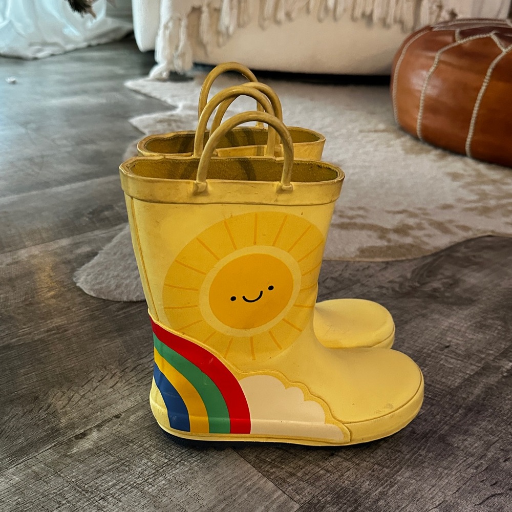 Yellow Kids' Rain Boots with Rainbow and Sun Design